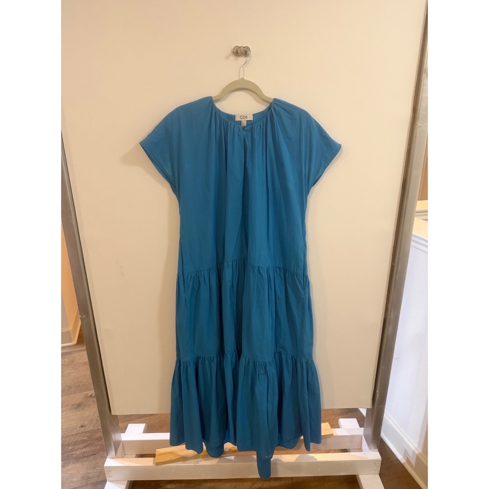 COS Blue Tiered Cotton Poplin Midi Dress Short Cap Sleeve Size 6 Relaxed Fit